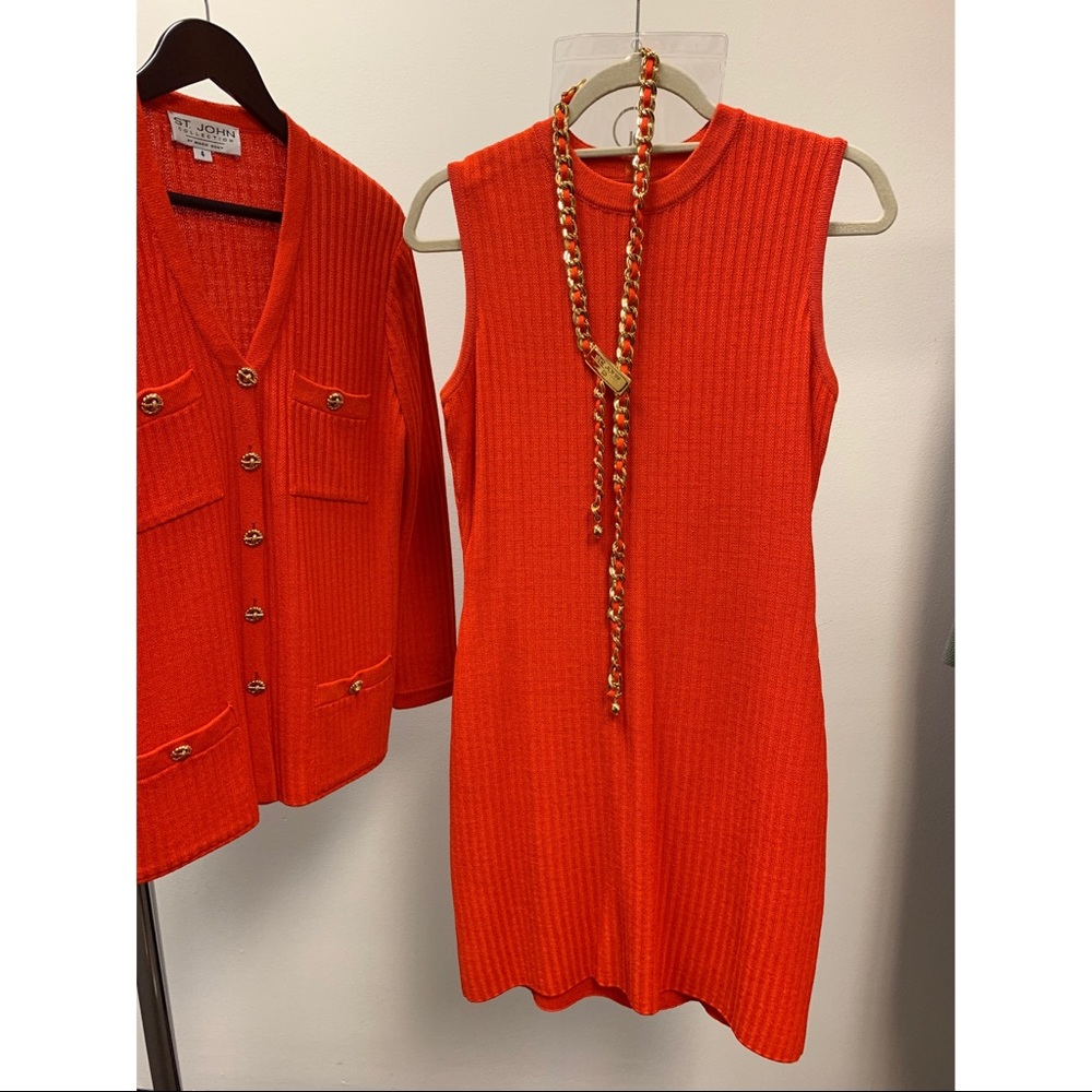 St. John Orange-Red Dress, Belt, Jacket Set